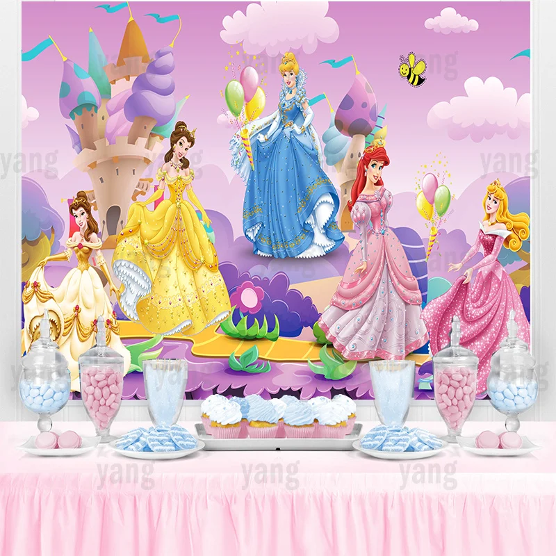 Disney Princess Wedding Castle Pink Cinderella Belle Aladdin Mermaid Ariel Backdrop Girls Birthday Party Baby Shower Banner