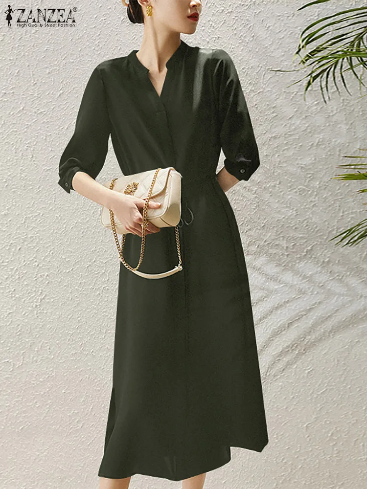 

ZANAEA Solid Color Mid-Calf Length Dress Summer Short Sleeve V-Neck Women's Dresses Hem Split Vestidos Elegant Casual Work Robe