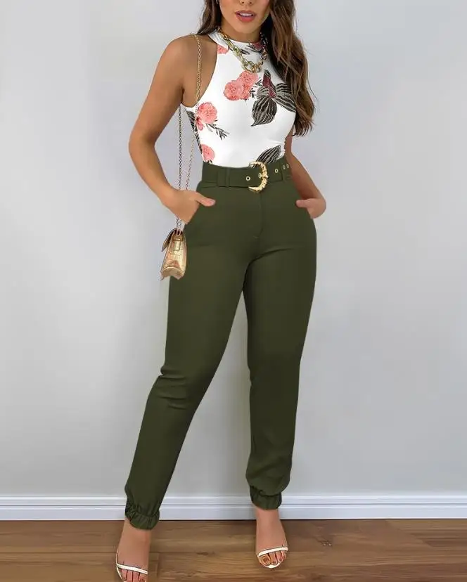 

New Fashion 2023 Summer Casual Womens Elegant Sexy Two Piece Sets Outfit Tropical Print Top & Pocket Design Cuffed Pants Set