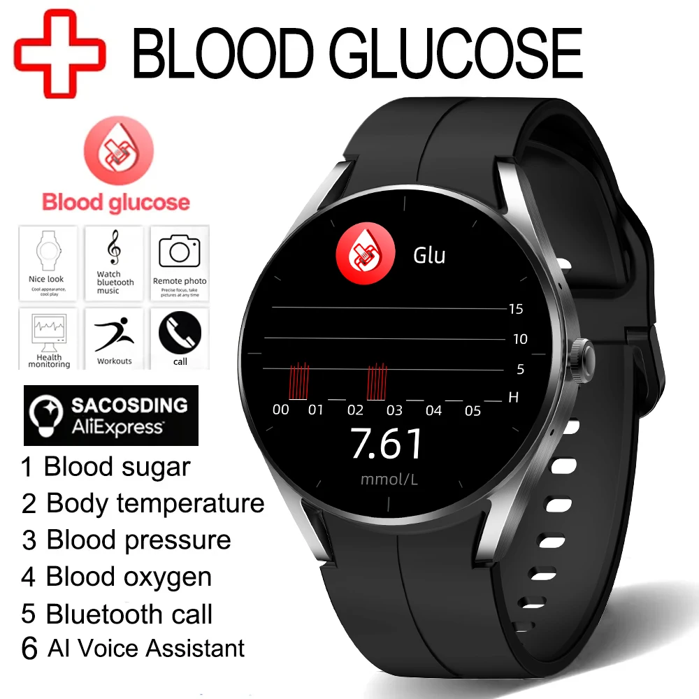 

2023 Bluetooth Call Voice Assistant Smartwatch Fitness Tracker Glucose Meter Thermometer Watch ECG+PPG Blood Glucose Smart Watch
