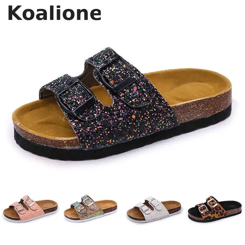 Summer Beach Shoes Kids Slippers For Girls Cork Sandals Bling Sequins Parent-Child Shoes Leopard Barefoot Slippers High Quality