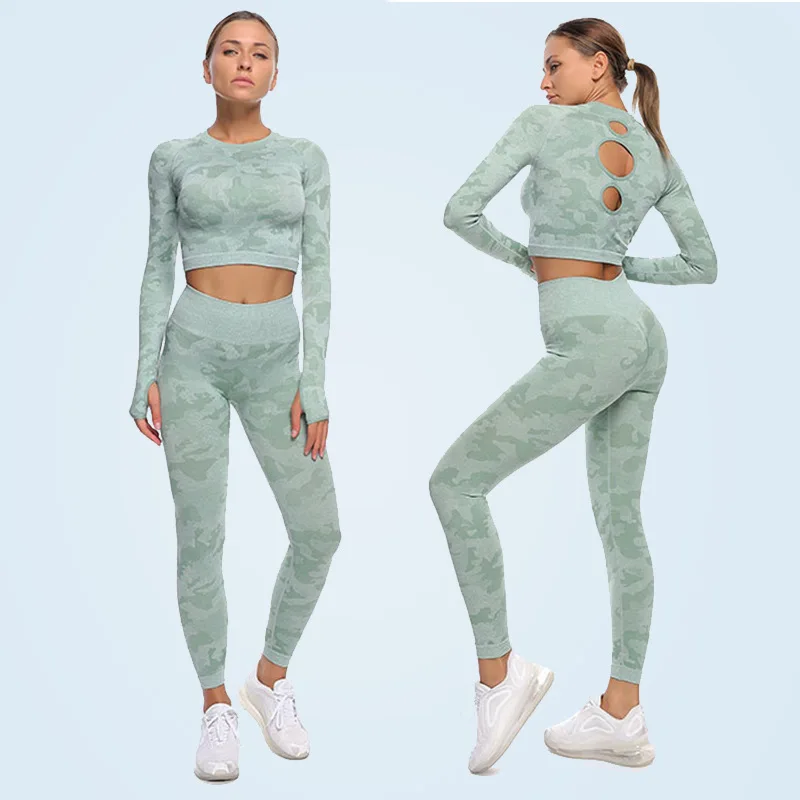 Yoga Two-piece European and American Seamless Yoga Suit Suit High-elasticity Knitted Hollow Quick-drying Long-sleeved Fitness