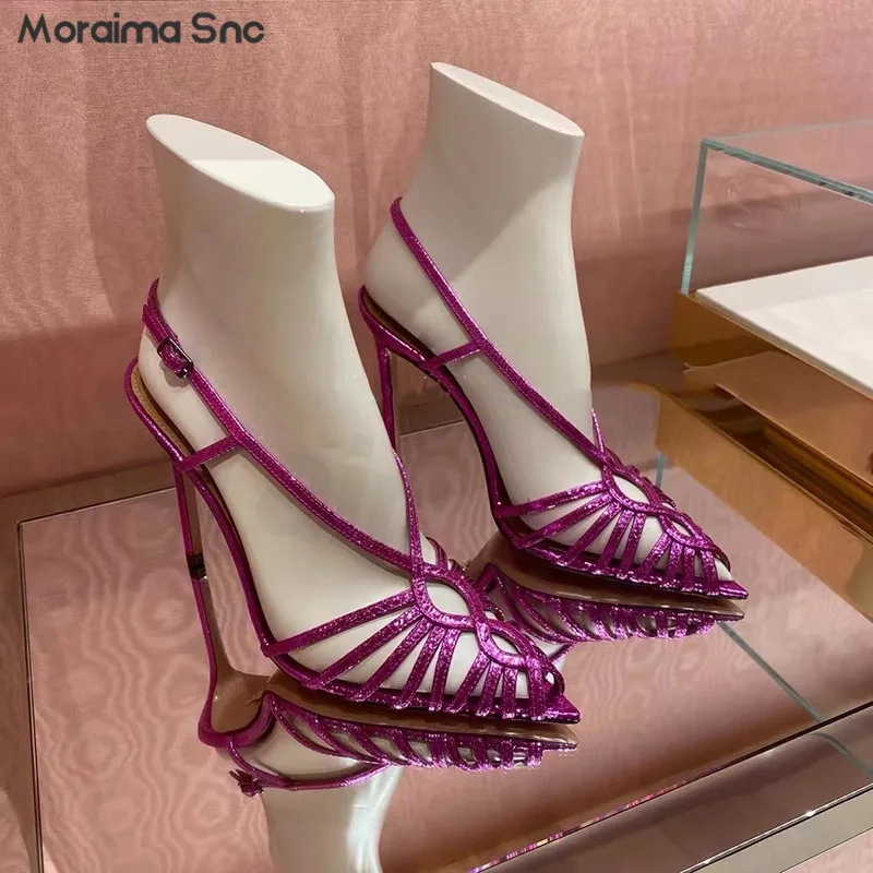 Summer Rhine-Drill Cross-Strap Sandals Fuchsia Black Pointed Stiletto Sandals Sexy Large Size Fashion Hollow Out Women's Pumps