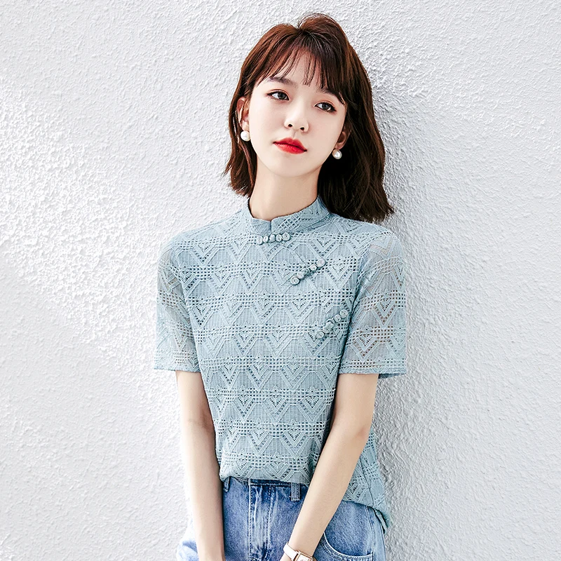 

Кружевная женская блузка с вырезами, шифоновая приталенная рубашка, летний Повседневный Топ с коротким рукавом, модная новинка 2022, одежда в ...