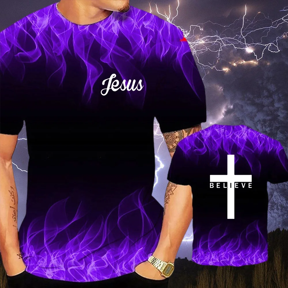 

Jesus Christ Cross Shirts Flame Men's T-shirt Summer Fashion Short-sleeved 3D Round Neck Tops Smoke Element Shirt Trendy Top Tee