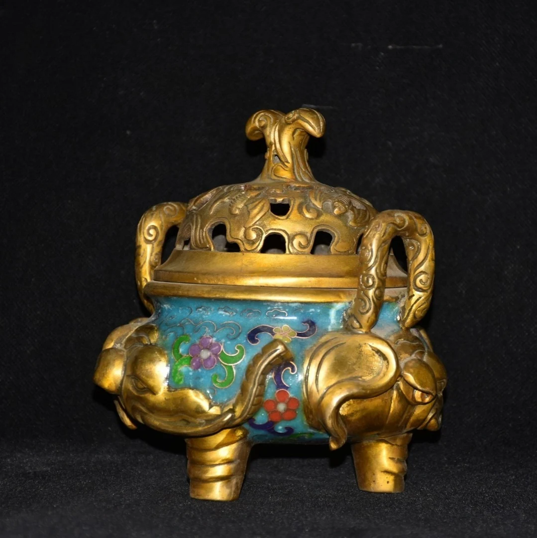 

7" Tibetan Temple Collection Old Bronze Cloisonne Gilt surrounded by elephants three-legged incense burner office ornament