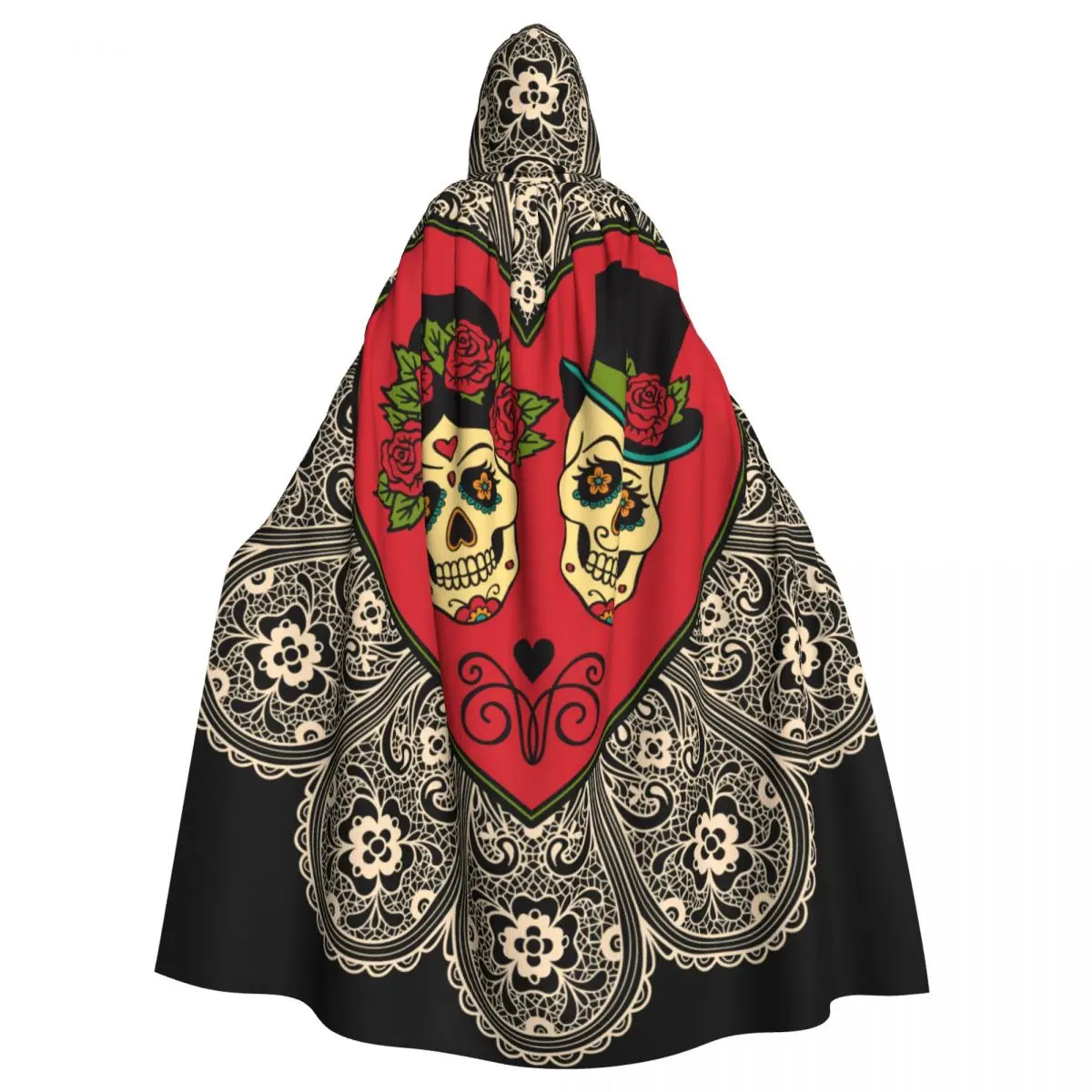 

Unisex Adult Mexican Sugar Skulls With Heart And Lace Cloak with Hood Long Witch Costume Cosplay