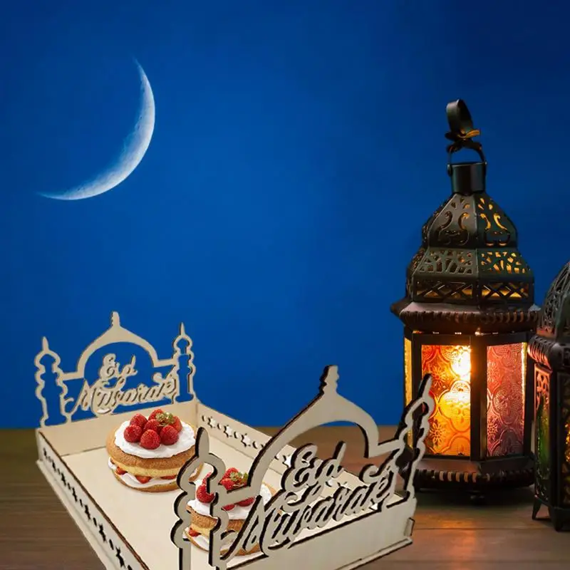 Ramadan Kareem Wooden Tray Creative Eid Food Holder Plater For Cake Display Wooden Eid Mubarak Food Serving Plate Tray Supplies images - 6