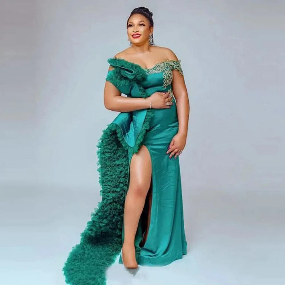 

Elegant Slim Fit Prom Dress Off Shoulder Sequin Beaded Evening Dress with Ruffled Edge Plus Size African Formal Party Dress