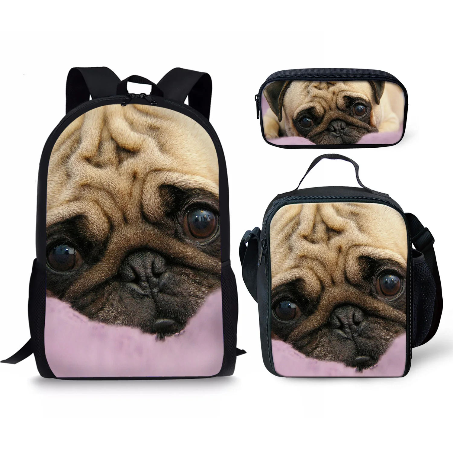 Cute Pug Print New 3Pcs/Set School Bags Daily Travel Climbing Durable Backpack Trendy Birthday Gift for Kids Fashion Knapsack