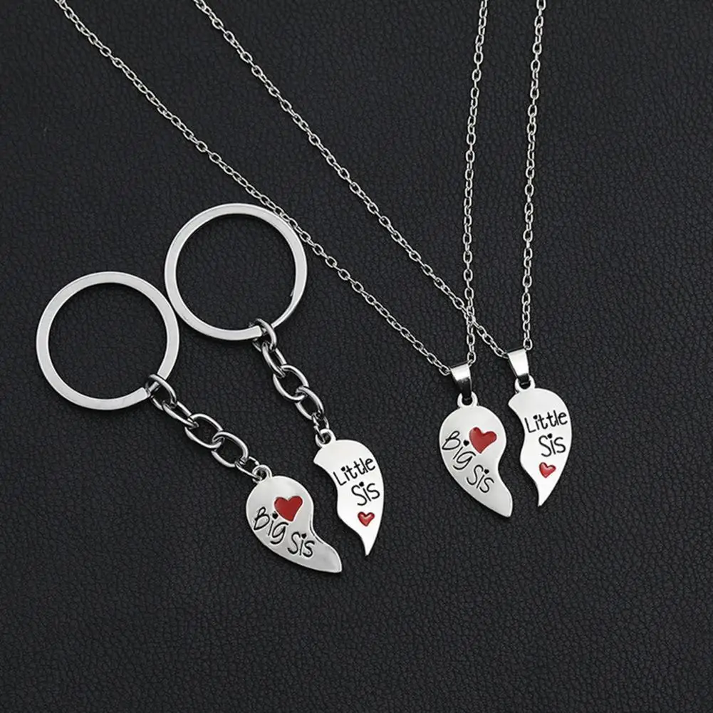 

2 Set Sister Necklace Heart Shape Durable Stainless Cute Key Ring for Gift
