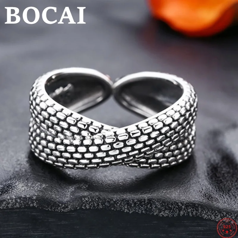 

BOCAI S925 Sterling Silver Rings 2022 New Fashion Cross Chain Pattern Personality Opening Solid Argentum Jewelry for Men Women