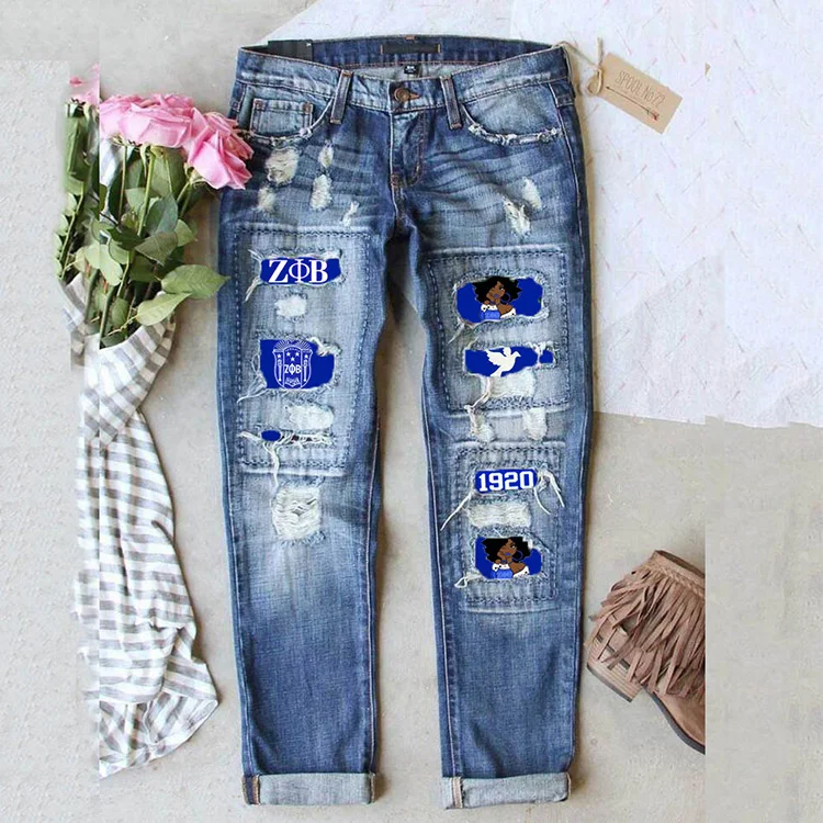 Direct Deat Cross-Border European and American Greek Sorority Middle Waist Printed Sticker Hole Washed Jeans for Women 2023 new