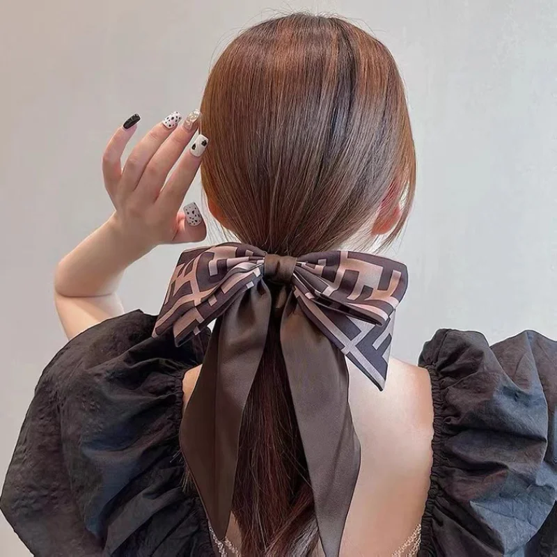 

New French Style Streamer Headband Tying Hair Ponytail Head Rope Hairband silk scarf hair Ring Bowknot Hairwear Girl Headdress