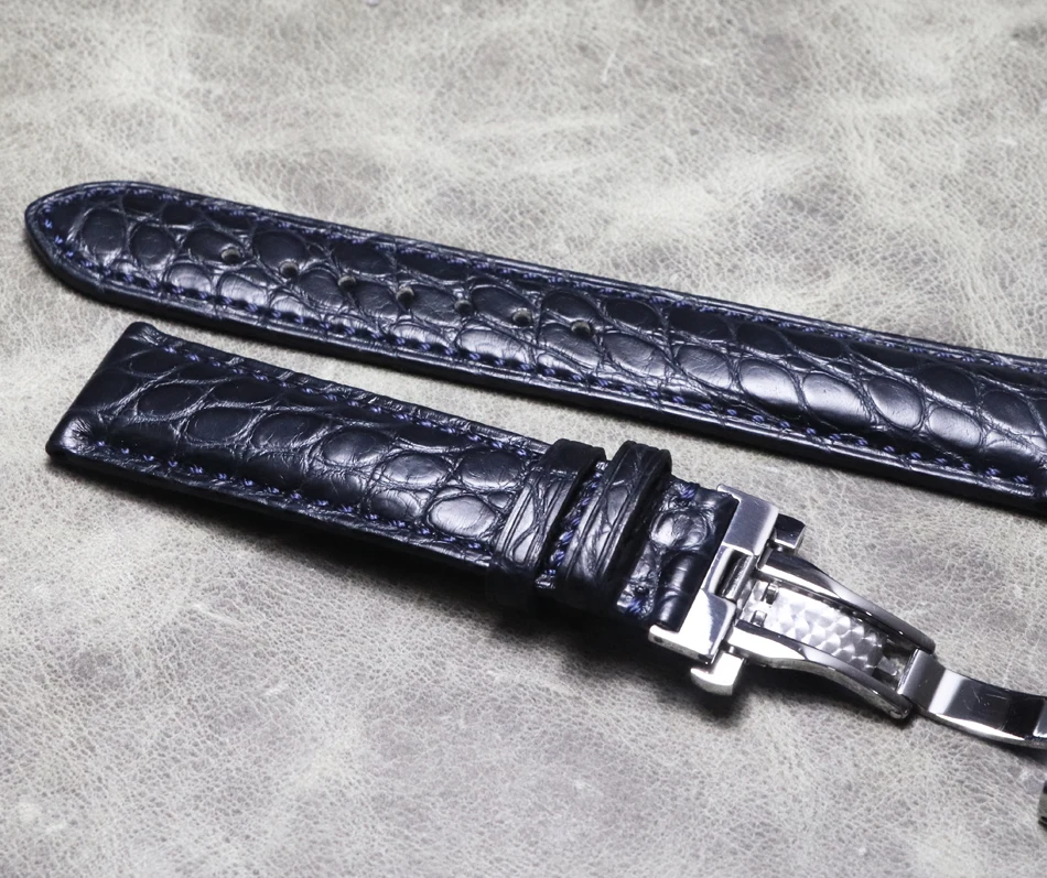 New Watch band dark blue 20mm 21mm 22mm crocodile leather butterfly buckle strap calfskin bottom bracelet vintage wristband