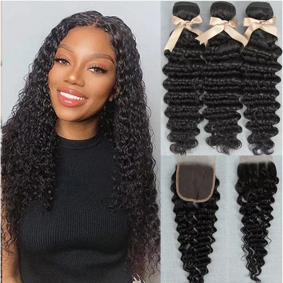 

Rebecca Deep Wave Bundles with Closure Remy Hair Extensions Human Hair Brazilian Hair Weave Bundles with Frontal 3 Bundles Deal