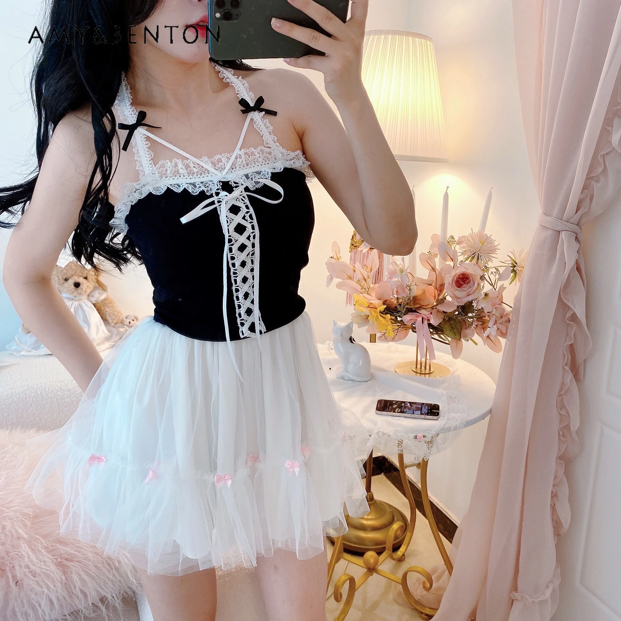 

Girl's Inner Three-Color Lace Bow Lace Vest Women Tank Top Elastic Slim Fit Slimming Sweet Pink Sling All-Matching New Crop Top