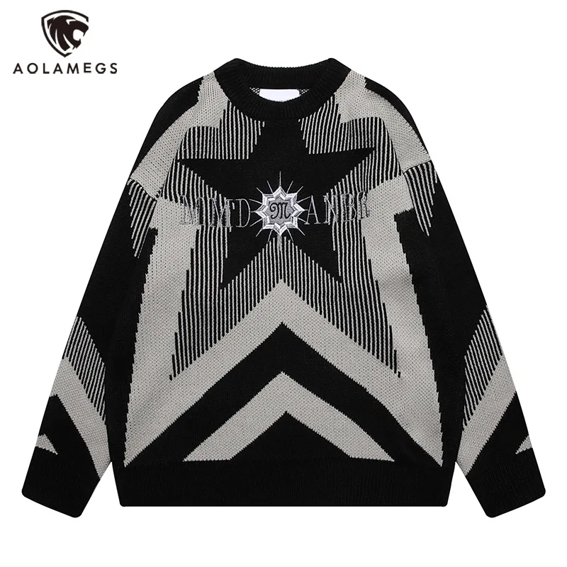 

Hip Hop Men Hit Color Star Graphic Jacquard Letter Embroidery Sweater Oversized O-neck Rib Sleeve Knit Pullover Unisex 2 Colors