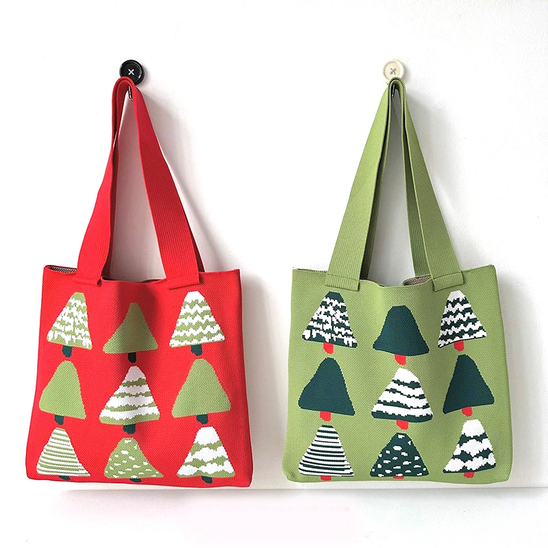 Вязаная сумка большой емкости женская модная на плечо рождественская сосна