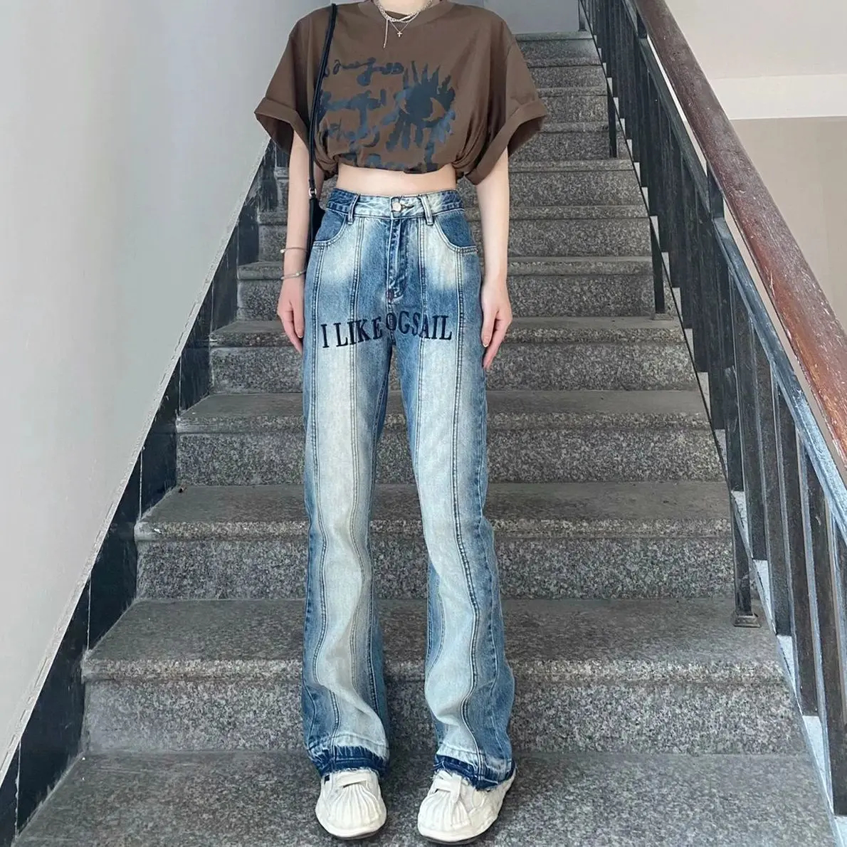 

NSMW MI Female Embroidered Wide-leg Jeans Women Street Loose High-waisted Pants Fat Was Thin All-match Micro-flare Pants