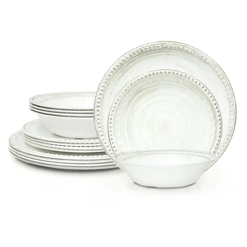 

Pieces Dinnerware Set Melamine Plastic Plates and Bowls, Service for 4, Durable and Dishwasher Safe, French Country House Oyster
