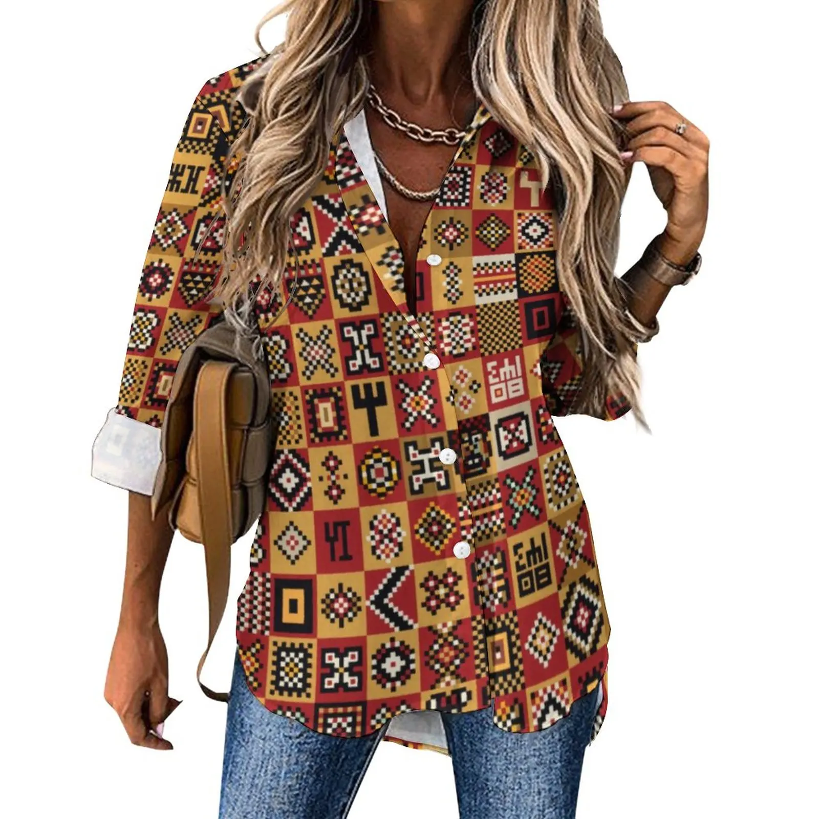 

African Abstract Blouse Women Checkerboard Print Casual Loose Blouses Autumn Long-Sleeve Cute Shirts Graphic Top Big Size