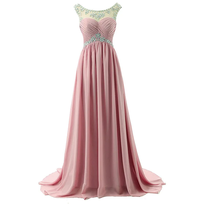 A Line Boat Neck Chiffon Beading Crystals Evening Bridesmaid Dresses Wedding Party Formal Prom Birthday Floor Length Court Train