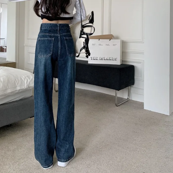 

N1959 New Korean retro loose high waist slim design retro straight-leg jeans