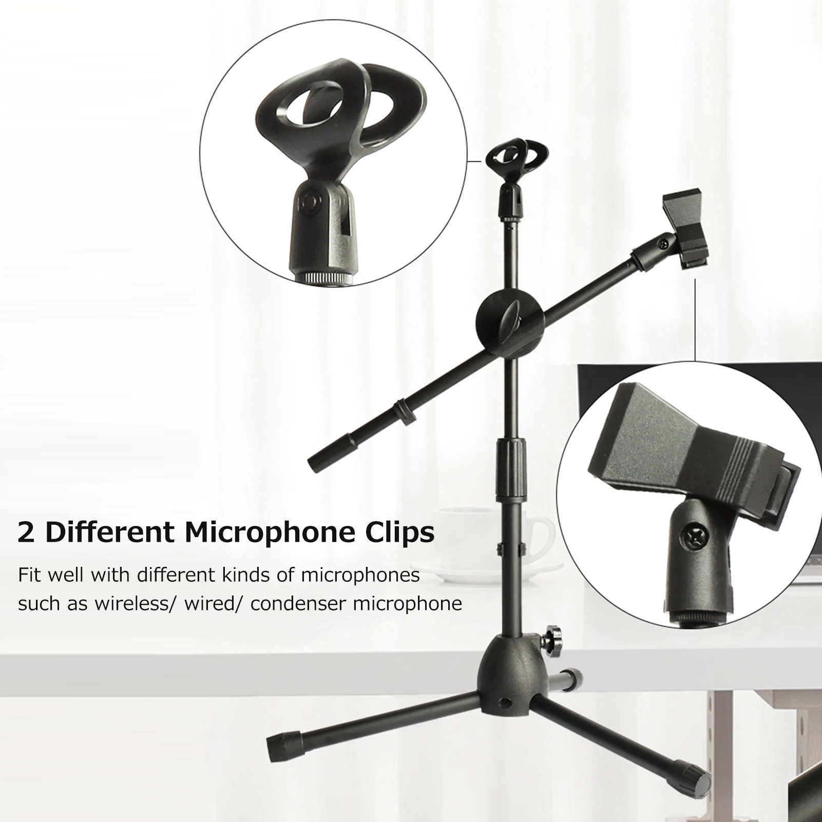 

Dual Purpose Microphone Tripod Stand with 2 Mic Clips Adjustable Mic Stand Boom Arm Microphones Desk Floor Bracket for Speech