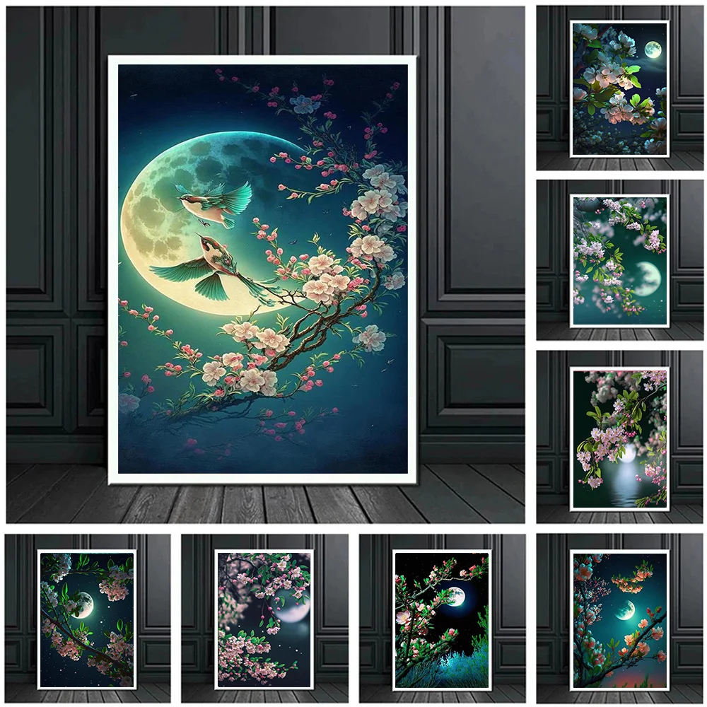 

Пейзаж в китайском стиле, холст, настенное искусство, цветы и лунный свет, Ночной пейзаж, плакат, печать для гостиной, домашний декор, подарок
