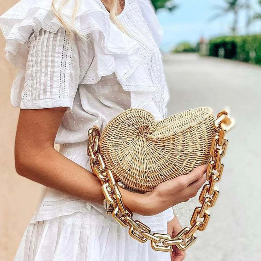 Bohemian Thick Chain Shoulder Bags for Women 2022 Luxury Conch Rattan Bag Women Designer Handbags Shell Beach Straw Bag Ladies