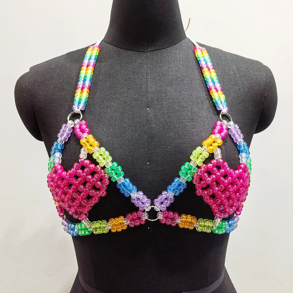 Фото Бюстгальтер без косточек 90-х годов с бисером и сердцем Kandi, очаровательный бюстгальтер, комплект нижнего белья, Радуга Rave, цепочка для тела, праздничный наряд, мини-юбка Kandi №5