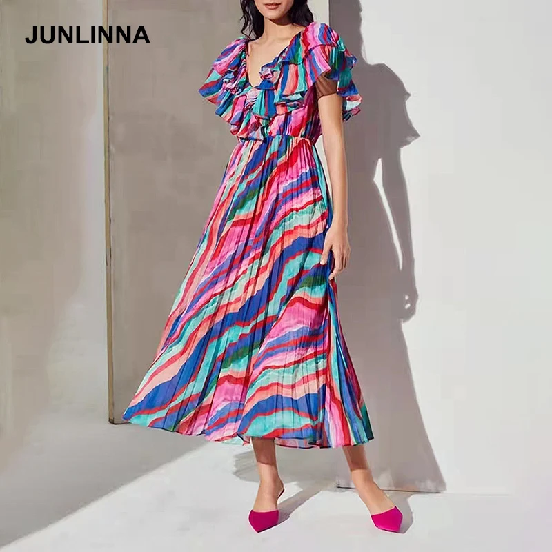 

JUNLINNA Runway Fashion Women Bohemian Dress 2022 Summer New V Neck Ruffle elegant Expansion Vestidos Colourfull Printed Holiday