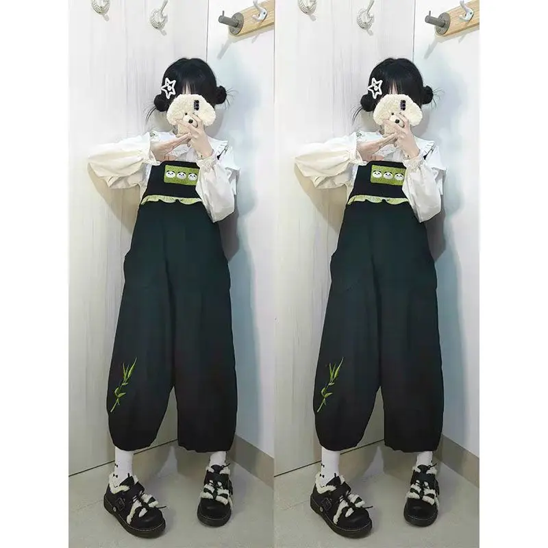 

Женский комбинезон с высокой талией, Свободный комбинезон в японском стиле с графической вышивкой, уличная одежда, кавайная одежда, весна-лето 2023