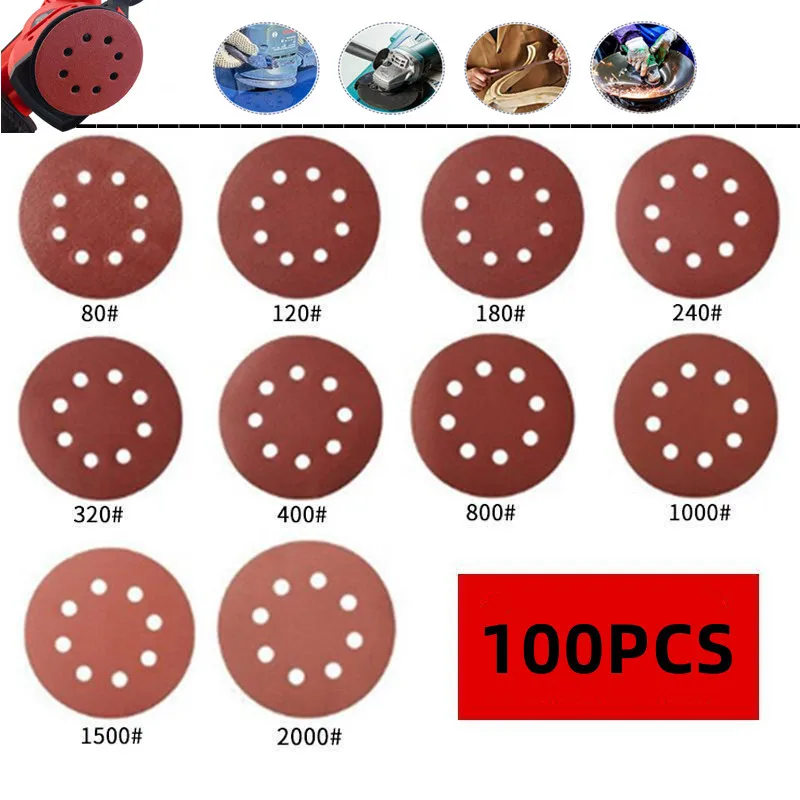 

100pcs 125mm Sandpaper Round Shape Sanding Discs Hook Loop Sanding Paper Buffing Sheet Sandpaper 8 Hole Sander Polishing Pad