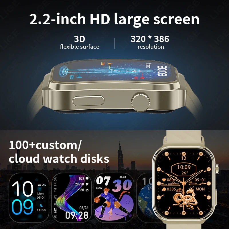 LIGE AI Медицинская диагностика Здоровье ЭКГ + PPG Умные часы Мужской термометр