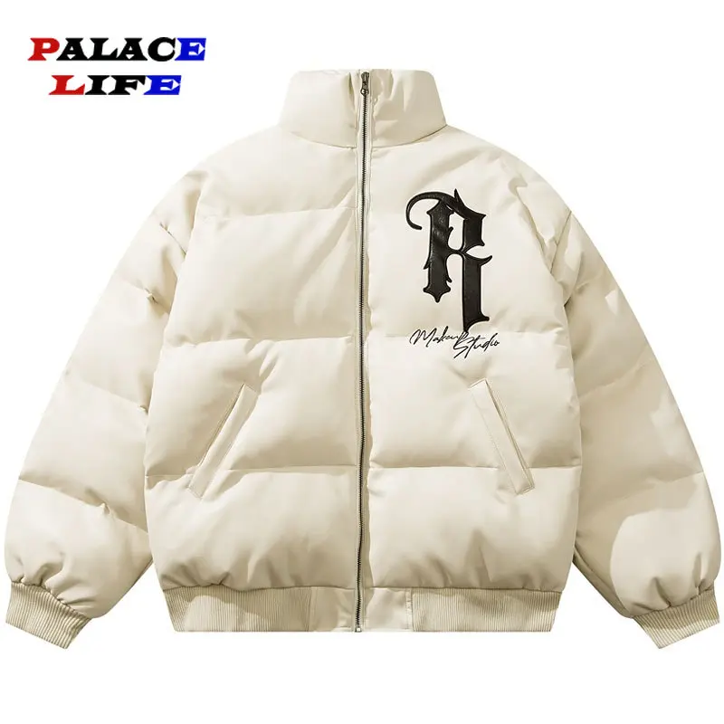 

Winter Leather Parkas Jackets Men Streetwear Embroidery Letter Thicken Warm Padded PU Coats Hip Hop Harajuku Puffer Outwear