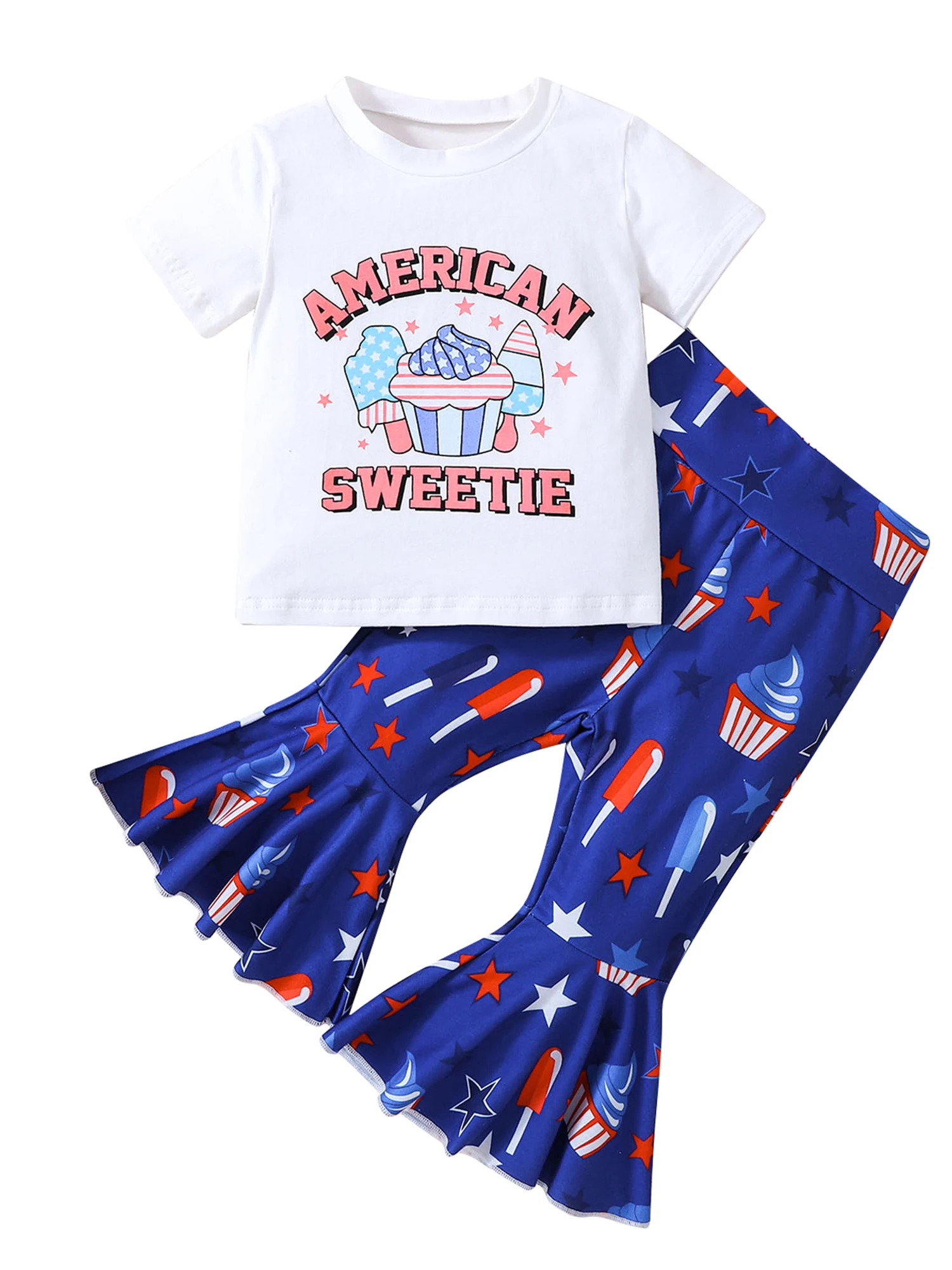 

Girls Dessert Print Flare Pants Set with Short Sleeve Crew Neck Letters Print T-shirt