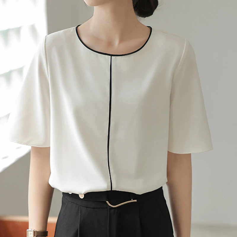 

Blusa Mujer Moda 2023 Summer Casual O Neck Chiffon Blouse Women Short Sleeve Shirt Loose White Blouses Office Ladies Top Camisas
