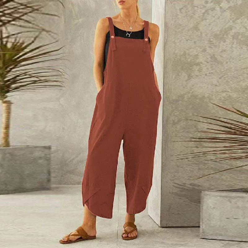 Summer Vintage Jumpsuit Women Cotton Linen Wide Leg Pockets Overalls Loose Romper Ladies Jumpsuits Trousers