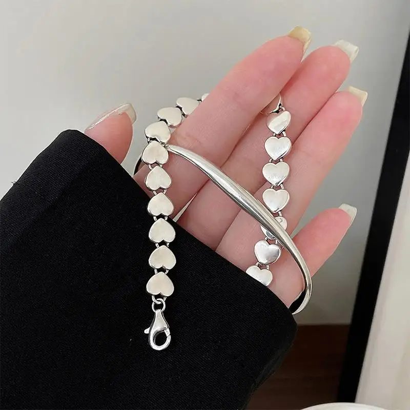 

925 Sterling Silver Hiphop Love Heart Bracelet for Women Men Vintage Irregular Bangles Handmade Hasp Bracelet Party Daily Gift