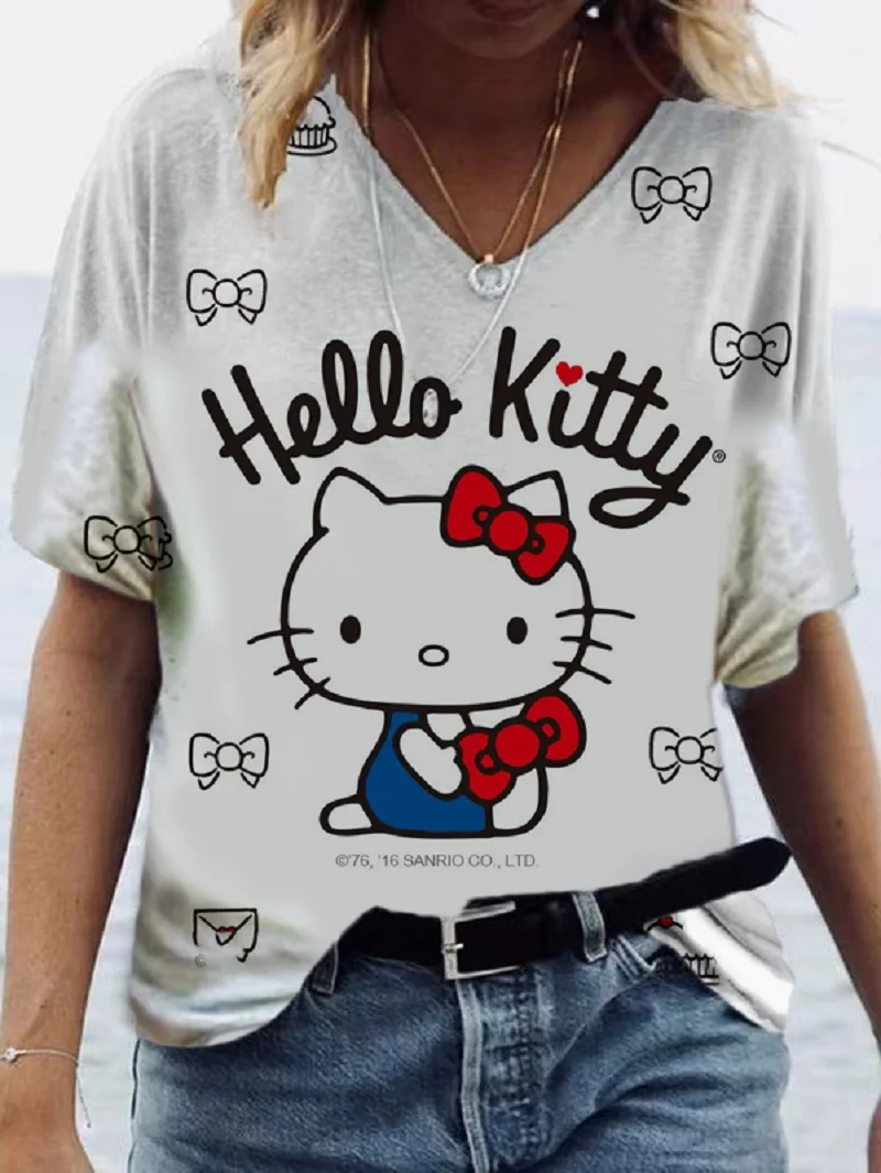 

Hello Kitty Fashion Casual Women's Loose T Shirt The Latest Girl Top Hello Kitty Print Cute Blue White V-Neck Top Youth Clothing