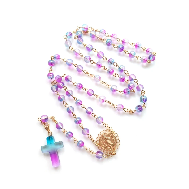 QIGO Colorful Glass Rosary Necklace For Women Catholic Cross Pendant Long Metal Gold Religious Jewelry