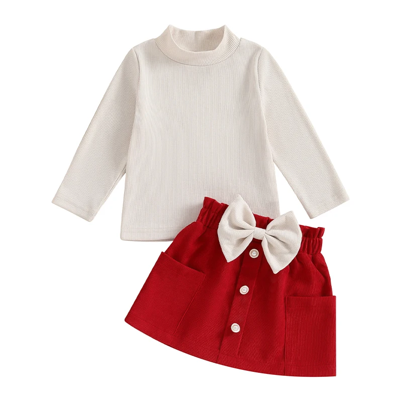 

Рождественская одежда для маленьких девочек, рубашка в рубчик с высоким воротником и длинными рукавами, клетчатая юбка, осенне-зимний комплект одежды