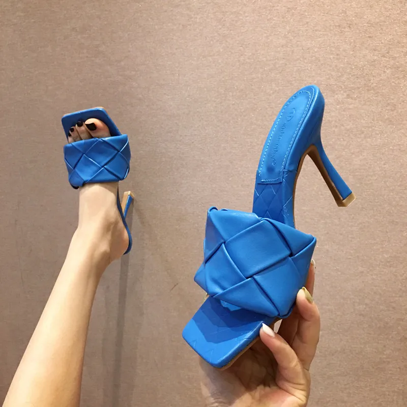 

Summer New Weave Square Toe Women Slippers Mules High Heels Sandals Flip Flops Outside Slides Party Shoes