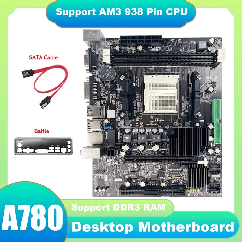 

A780 Motherboard+SATA Cable+Baffle AM3-938 Pin SATA DDR3 Support 8GB Ram For AM3 Series 938 Pin CPU Computer Motherboard