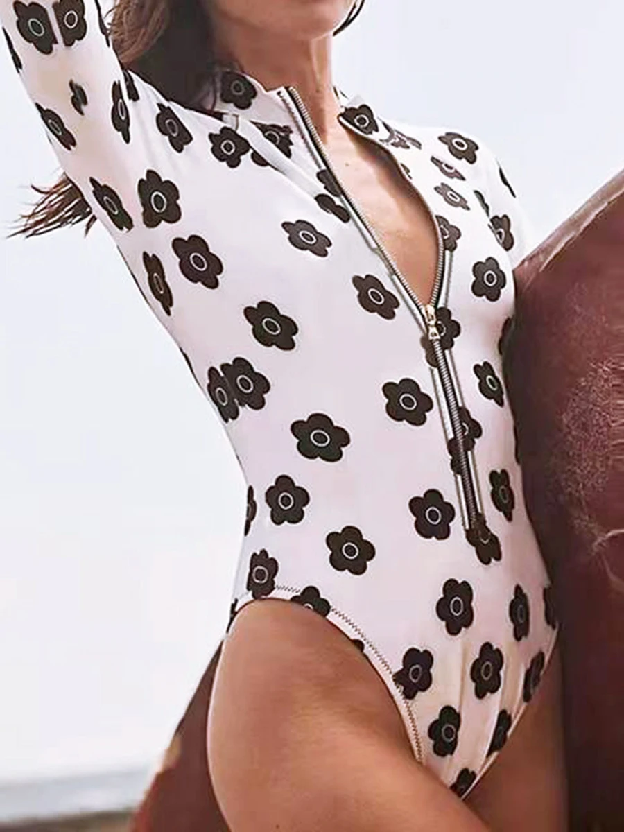 

Women's Swimwear Bodysuit, Cartoon Flower Printed Mock-Neck Front Zipper Slim Fit Beach Wear Bodysuit Swimsuit
