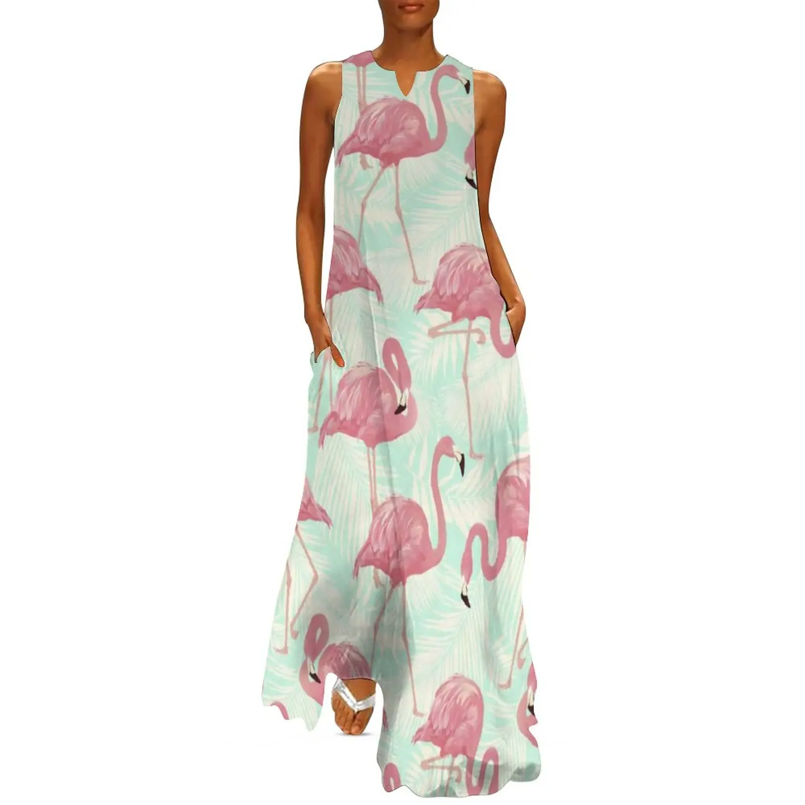 

Милое Пляжное Платье макси с тропическим принтом фламинго, уличная одежда, богемные длинные платья, женские платья большого размера с графи...