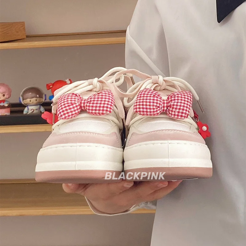 SHANPA Bow Pink Shoes New Summer 2023 Korean Fashion Versatile Mesh Breathable Casual Loose Original Design Zapatillas Mujer