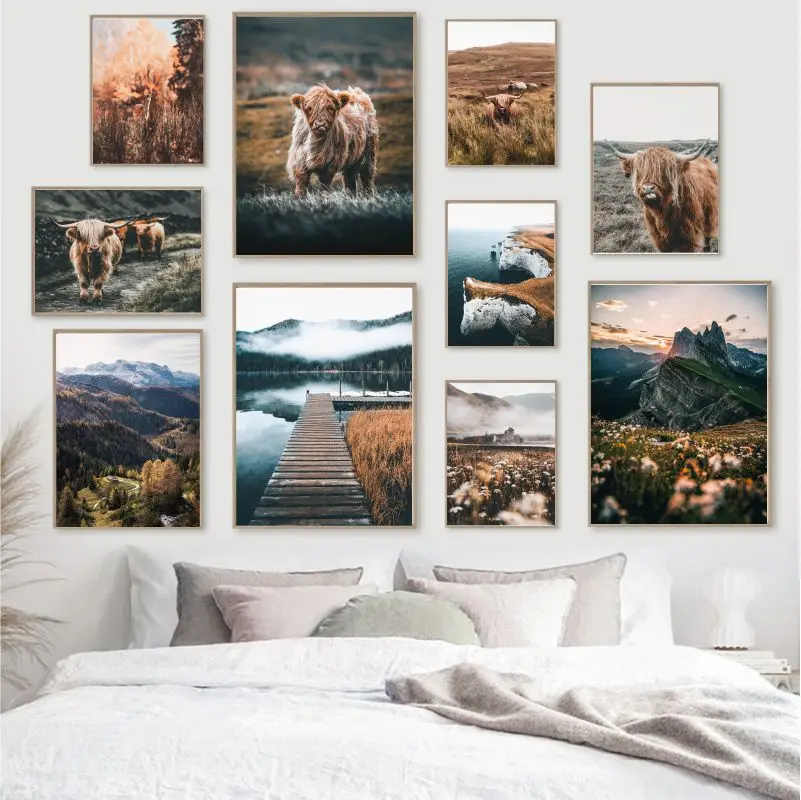 

Botanical Landscape Painting Highland Cow Posters And Prints Nordic Wall Art Photography Printable Canvas Painting Home Decor